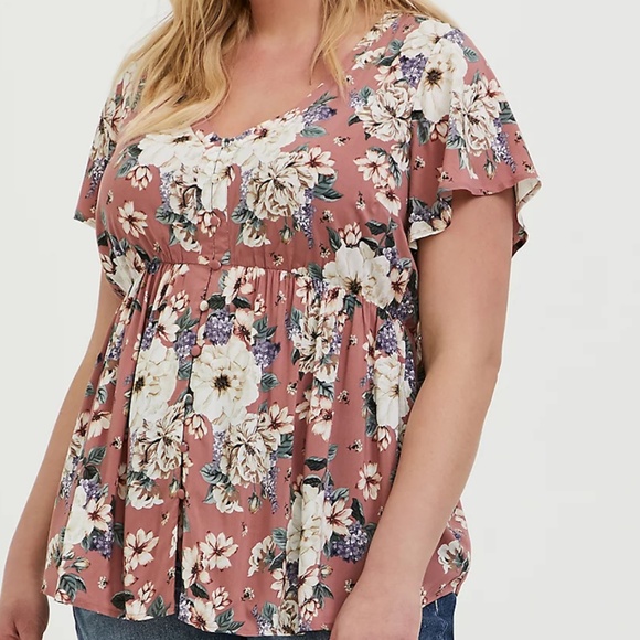 ❌SOLD❌TORRID Dusty Rose Floral Button Babydoll Top - Picture 1 of 8